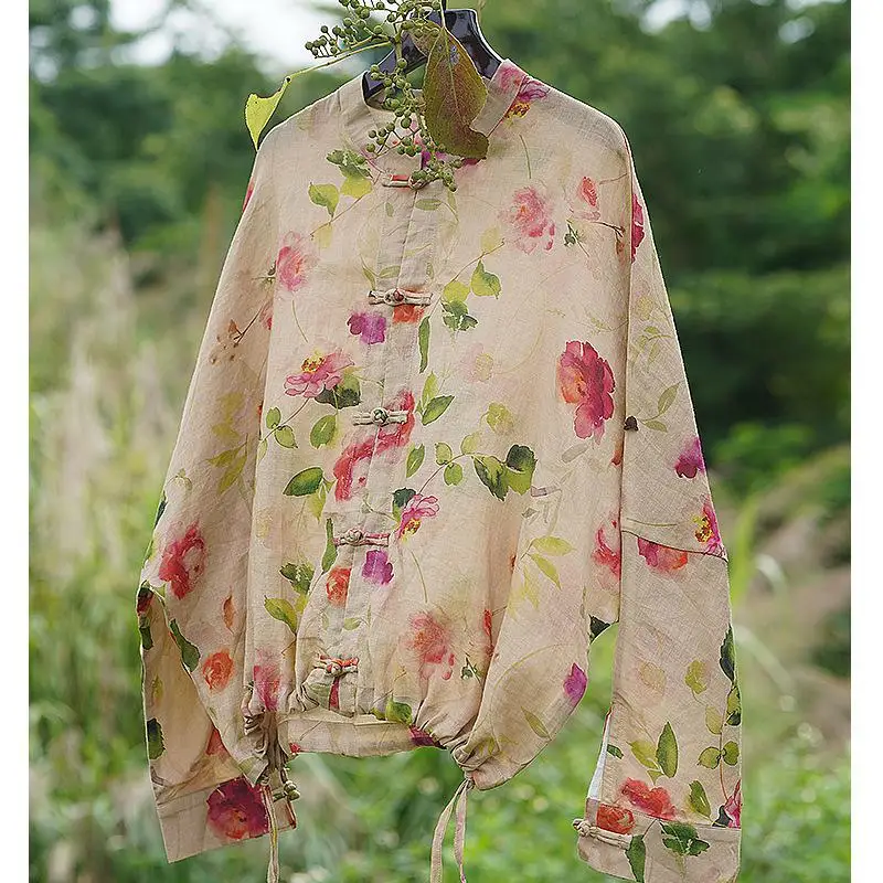 

New Arrival Spring Summer Arts Style Women Long Sleeve Loose Shirt Vintage Single Breasted Ramie Print Blouse Female Tops L20