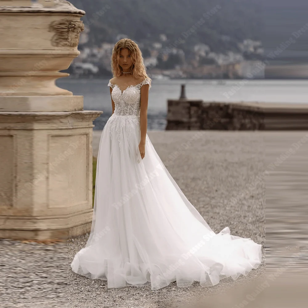 Off-shoulder mouwloze trouwjurken voor vrouwen Glanzende tule bruidjurken Dweillengte Ruglooze vestidos de novia Aangepast