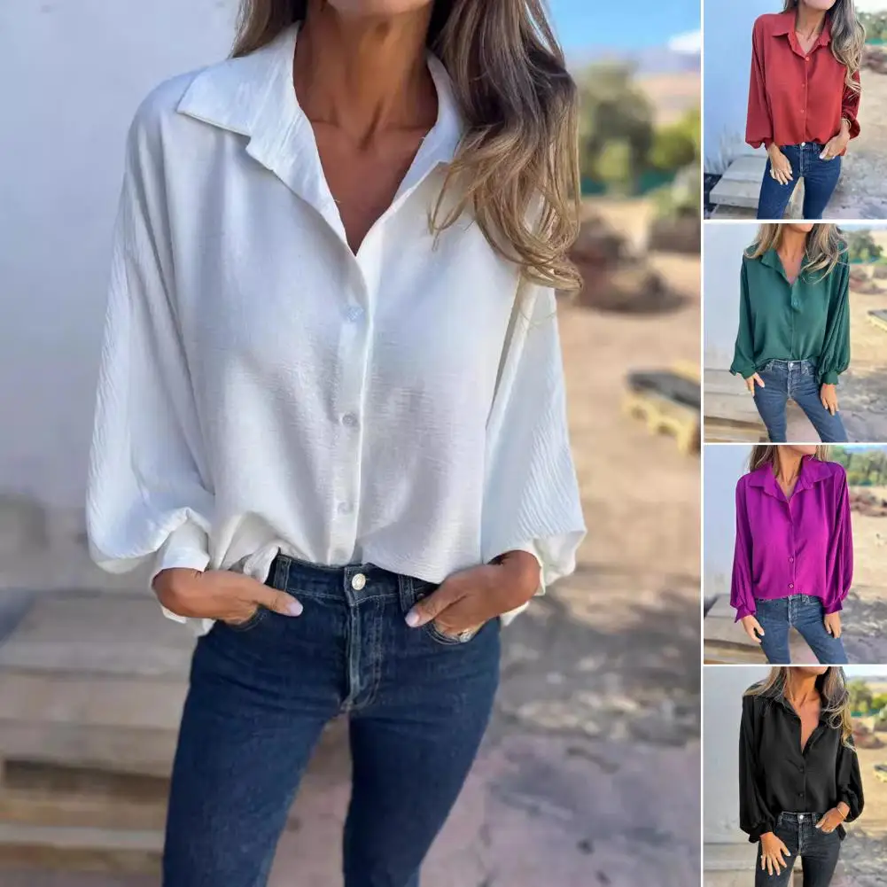 Ice Silk Wrinkles Shirt Lapel Lantern Long Sleeve Single Breasted Office Work Tunic Tops Casual Loose Fit Blouse Daily Wear