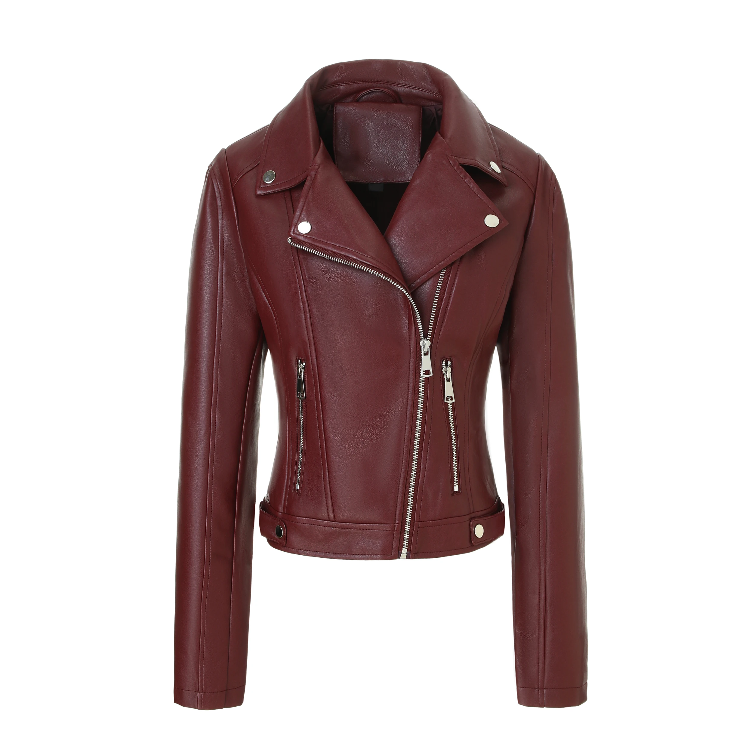 ​   Veste de moto en Pu dos cousu pour femme - Triple fermeture éclair sur le devant + clous argentés |     Coupe ajustée |     Pas de capuche |     Noir/Blanc |     3 saisons ⚡