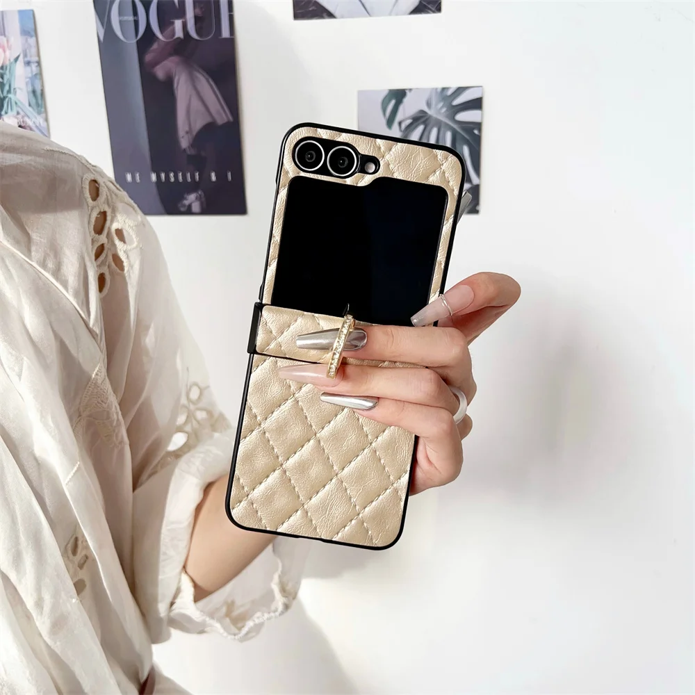 Z Flip6 Checkered Ring Holder Leather Phone Case for Samsung Galaxy Z Flip 3 4 5 6 Flip3 ZFlip 5 6 Business Plating Bumper Cover