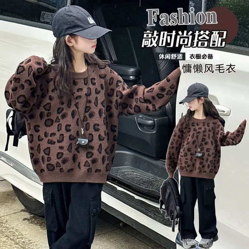 

Модный свитер с круглым вырезом и леопардовым принтом для девочек, новый осенне-зимний детский свободный вязаный пуловер в корейском стиле, детская одежда, топ