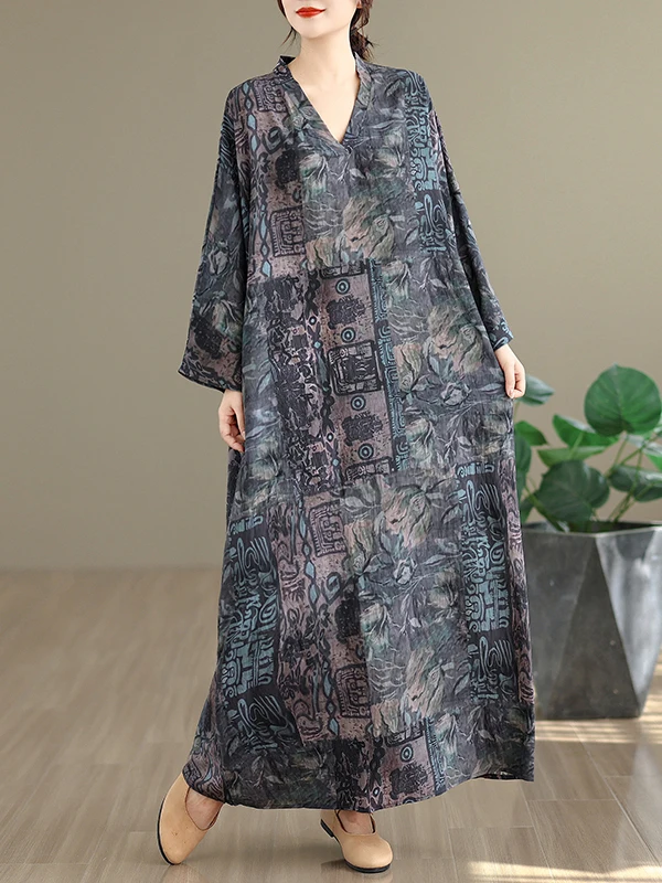 Retro V-ne Baumwolle Leinen Dr Blumendruck Urlaub Sle Reise Langer Rock Damenbekleidung Lose Taille H-pe Herbst Frühling