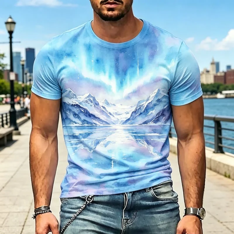 Men's watercolor natural landscape printed casual T-shirt, suitable for outdoor exploration, street outings, and daily wear