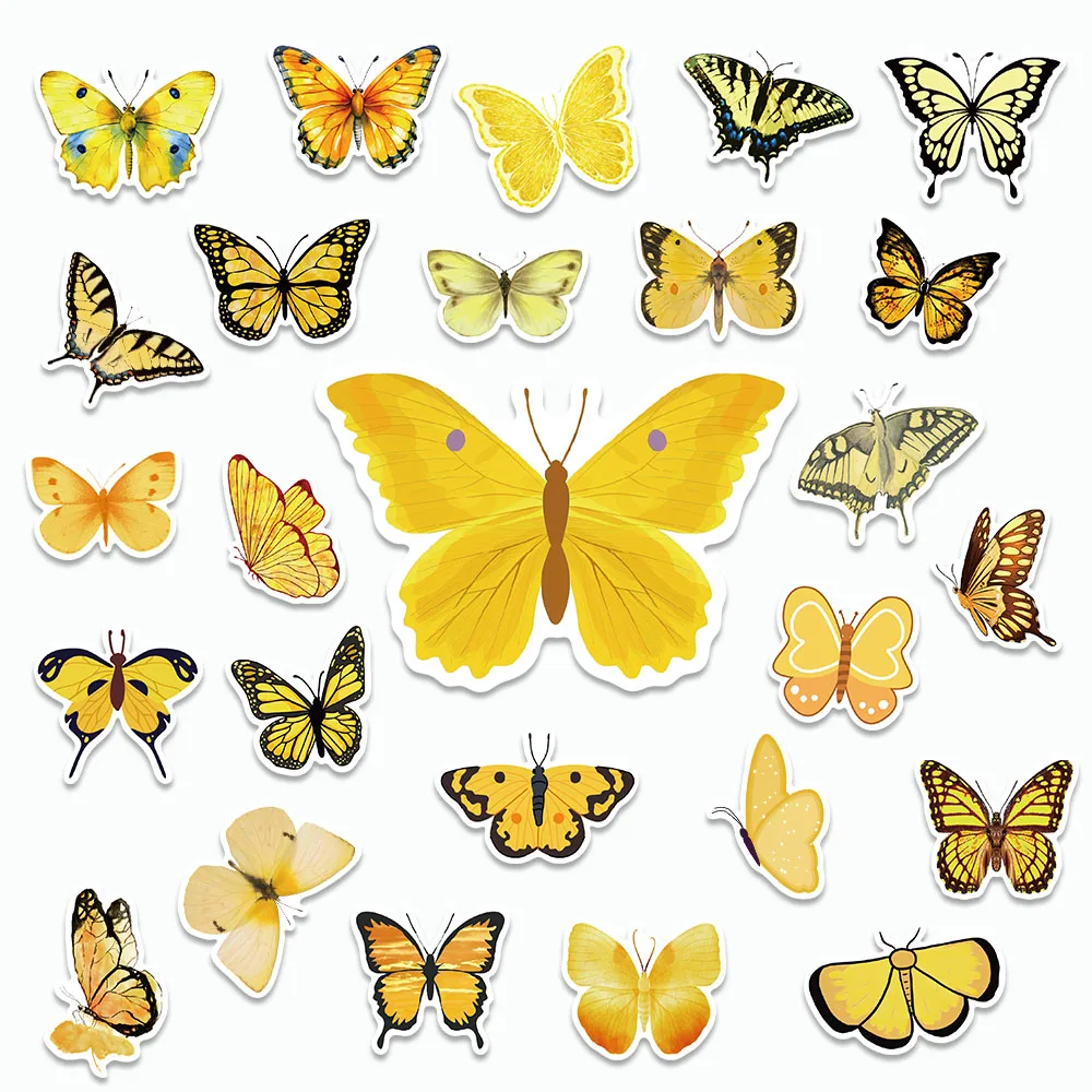 Autocollants papillon jaune rétro, 50 pièces, décalcomanies esthétiques de style INS de dessin animé pour ordinateur portable, réfrigérateur, scrapbooking, planches à roulettes