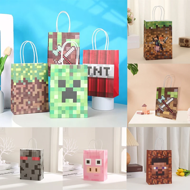 8 шт. Minecraft Steve крафт-бумажный пакет для детей, подарочный пакет на день рождения, одноразовые сумки для покупок, бумажные пакеты в пиксельном стиле