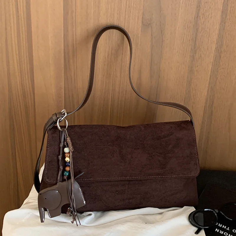 Vintage Suede Large Capacity Tote Bag Lazy Style Flap Shoulder Bag Simple Soft Crossbody Bag Casual Daily Commute Trendy Handbag