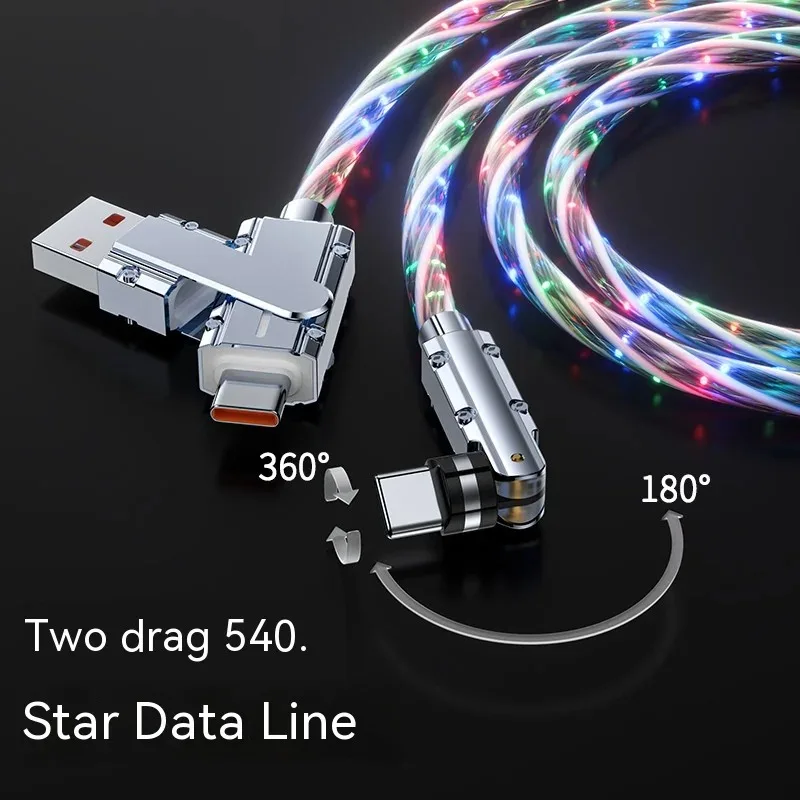 2 in 1 Type C Cable 3A 540 Degree Colorful LED Light Up Charging Cord USB A/C to USB-C PD 66W Shining Fast Phone Charger Cable