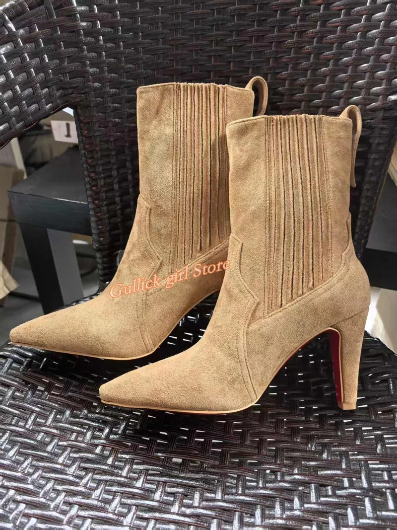 الجلد المدبوغ البني الكاحل الجوارب مثير مدبب تو الانزلاق على المدرج 2026 الشتاء الخريف الصورة الحقيقية اليدوية فستان أحذية رقيقة عالية الكعب #2