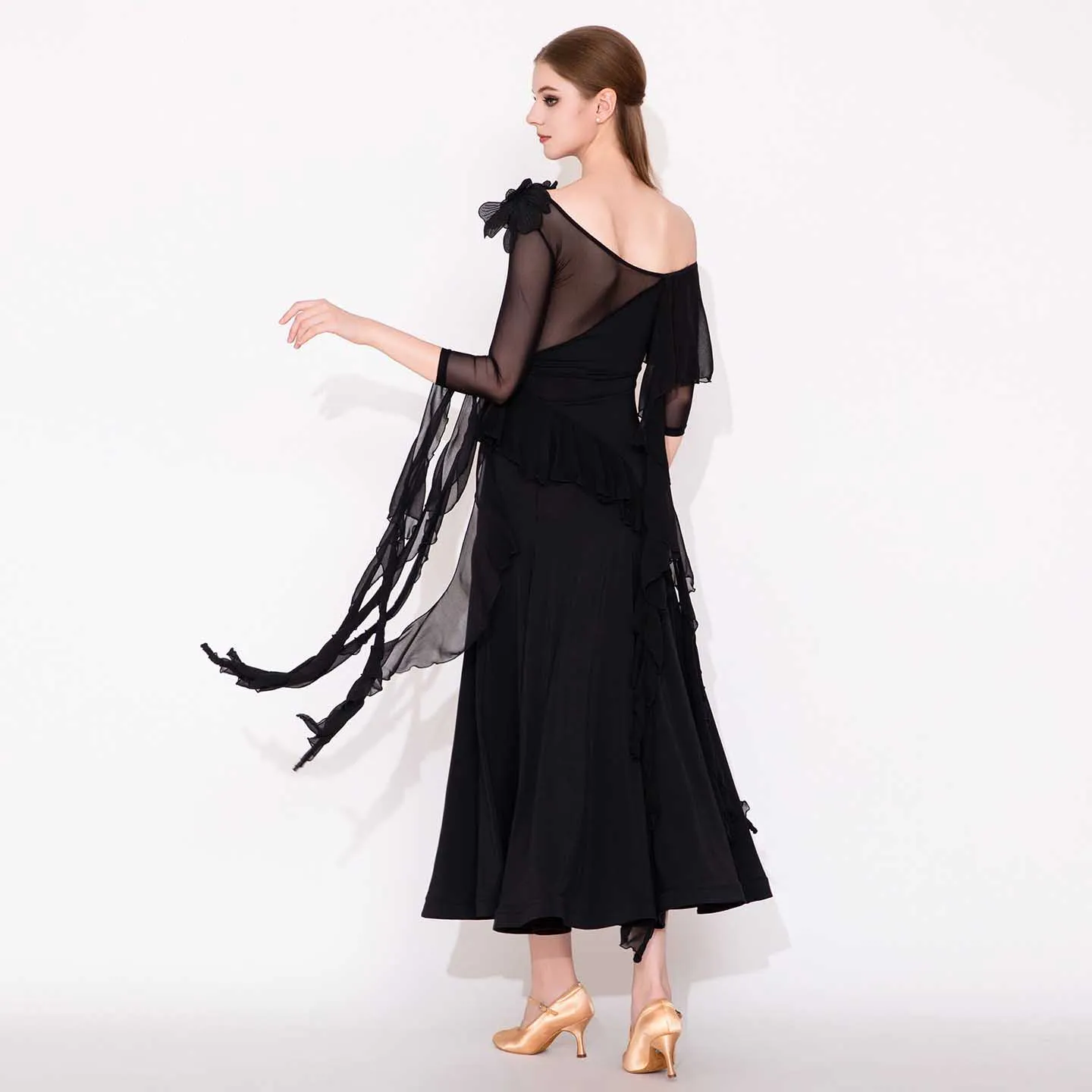 女性社交ダンスドレスフラワースペインダンス衣装フラメンコワルツドレスフローティングスリーブ流れるようなエレガントなプロムパーティードレス