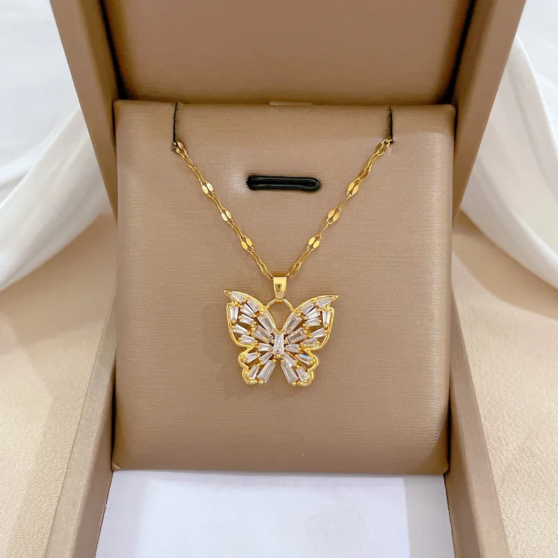 Fantastic Crystal Gold-Color Butterfly Necklace for Women Rhinestone Symmetrical Pendant Accessories Party Jewelry Gifts