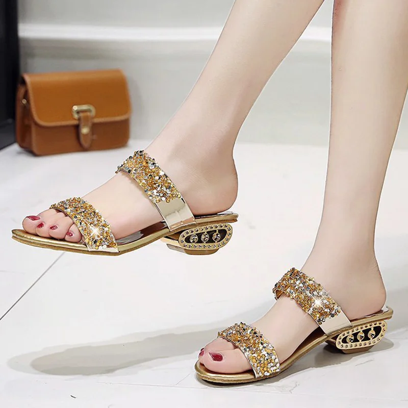 Shining Sequin Slippers Women Summer Luxury Golden Square Heel Party Shoes Slides Woman Open Toe Med Heels Beach Shoes