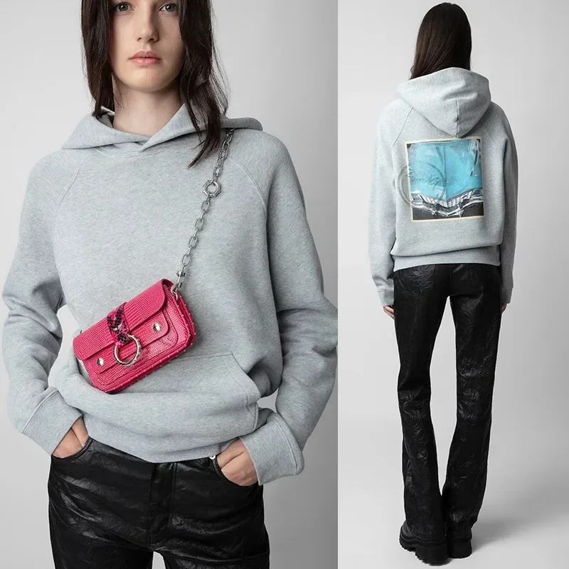 

23 Winter New French Niche ZV Back Car White Ink Digital Printing Drill Fleece Women's Hoodie