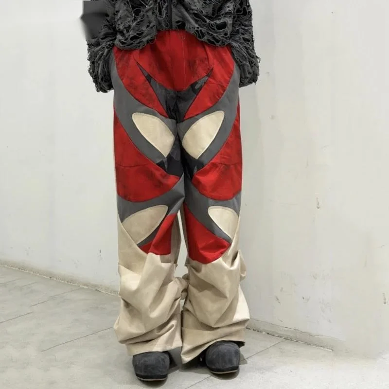 American-style Color-blocked Printed Wide-leg Men Pants Loose-fitting Stylish Curved-leg Trousers 2026 Summer New XS26