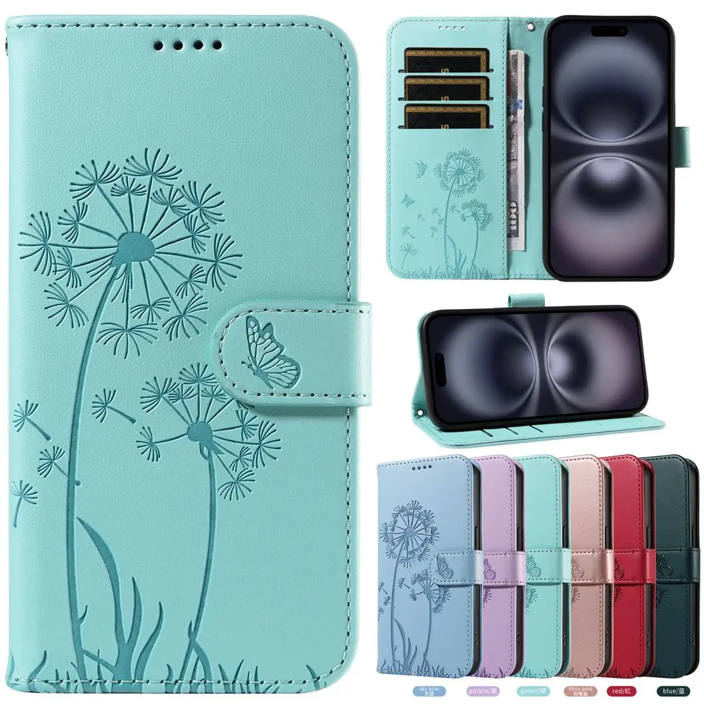 Reno 12 12F 11 11F 8 8T Leather Phone Case for OPPO A60 A80 A40 A3X A79 A78 A58 A17 A16 A15 A38 A96 Cases Dandelion Wallet Cover