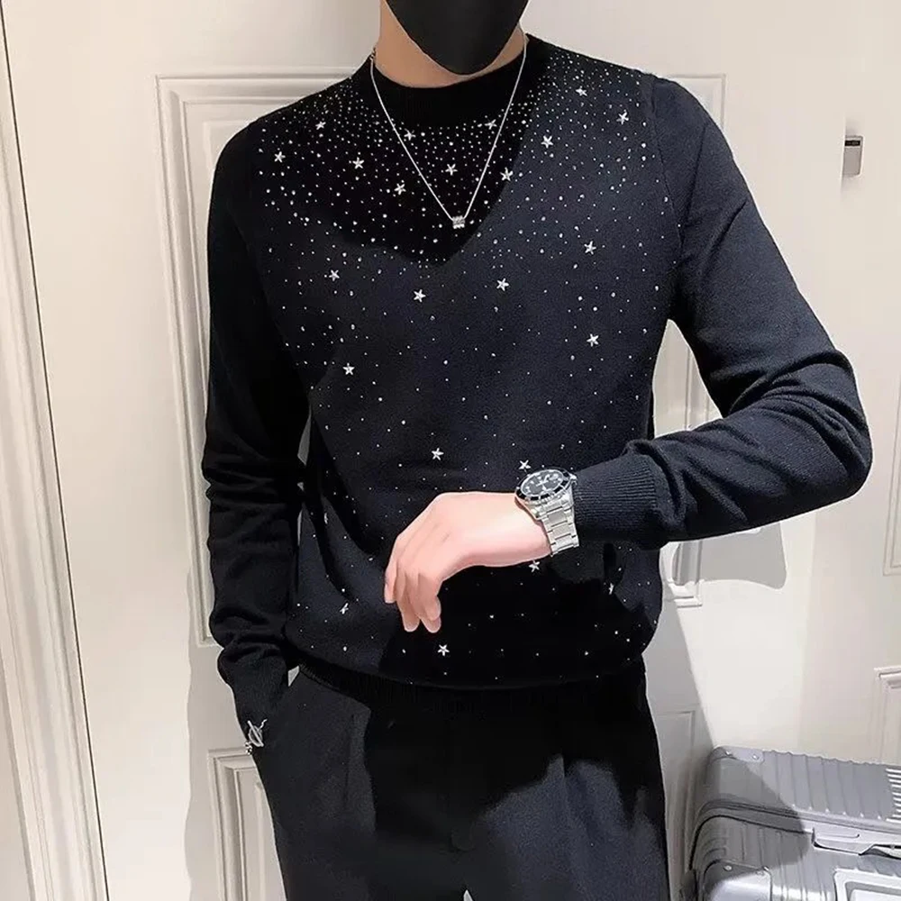 Ins Trendy Brand Men's Sweater Starry Sky Hot Diamond Pullover Winter Cool Slim Fit Korean Sweatshirt Base Shirt Homme Clothing