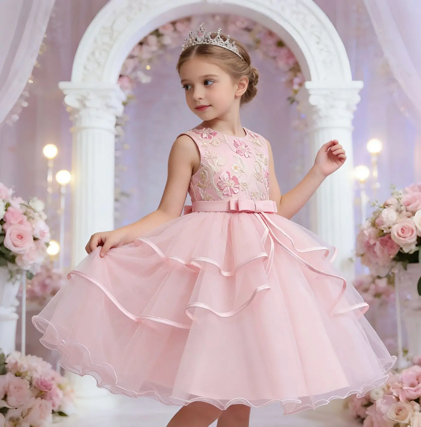 

Детское платье в европейском стиле 2026 года, платье принцессы для девочек-цветочниц, свадебное платье для маленьких девочек с цветочной сеткой и оборками