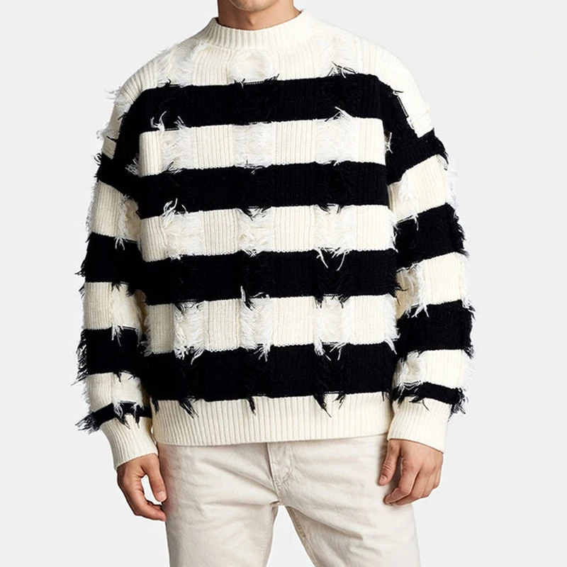Streetwear Vintage Mens Long Sleeve Knit Tops Trendy Crew Neck Ripped Sweaters For Men Autumn Winter Casual Striped Knitting Tee