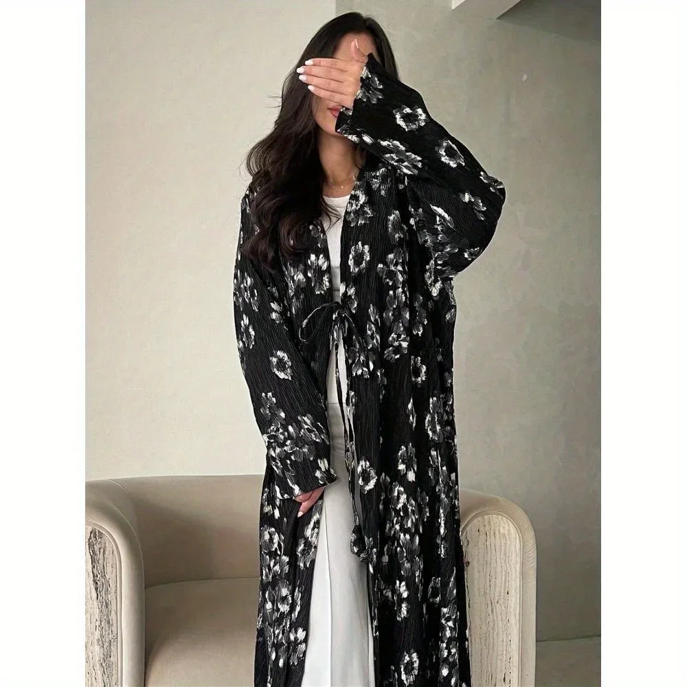 

Women Printed Floral Pleated Abaya Muslim Full Sleeve Lace Up Abayas Elegant Kaftans Middle Eastern Jilbabs Islamic Maxi Dresses