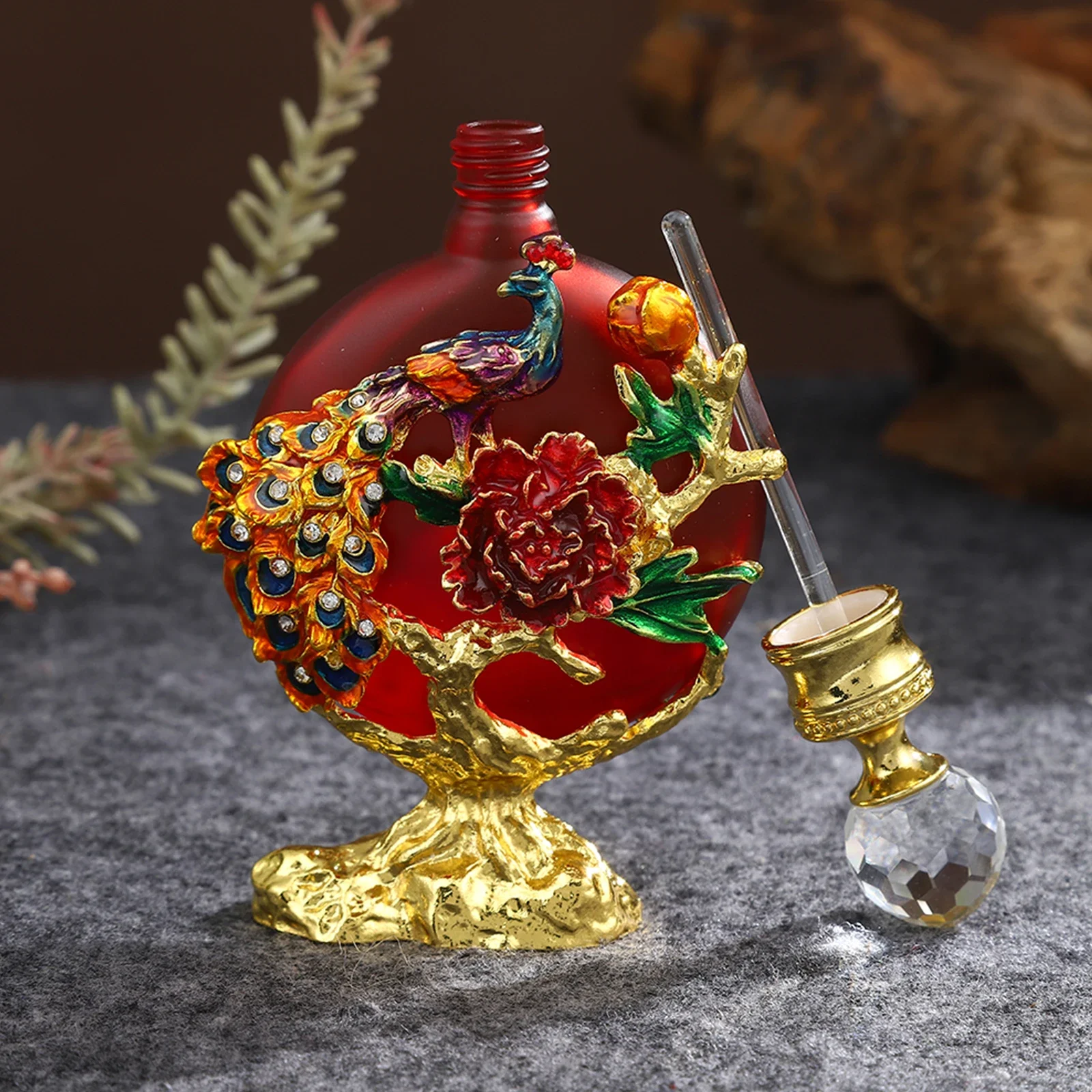 1pc Ornament Mini Jar Empty Perfume Bottle Enamel Peacock Flower Rhinestones Golden Base Crystal Lid Flat Vase Decor Living Room