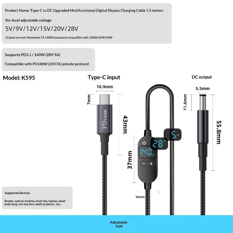 USB C To DC Power Boost Cable Adjustable Voltage Adapter Connector Cord For Laptop Router PD140W /5V/9V/12V/15V/20V/28V