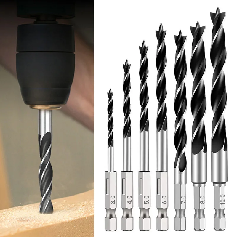 Hexagonal Handle Woodworking Drill Bit Set, Buraco Alarme Ferramenta Elétrica, 3mm, 4mm, 5mm, 6mm, 7mm, 8mm, 10mm, 1/4 ", 3 Pcs, 5 PCes, 7 PCes