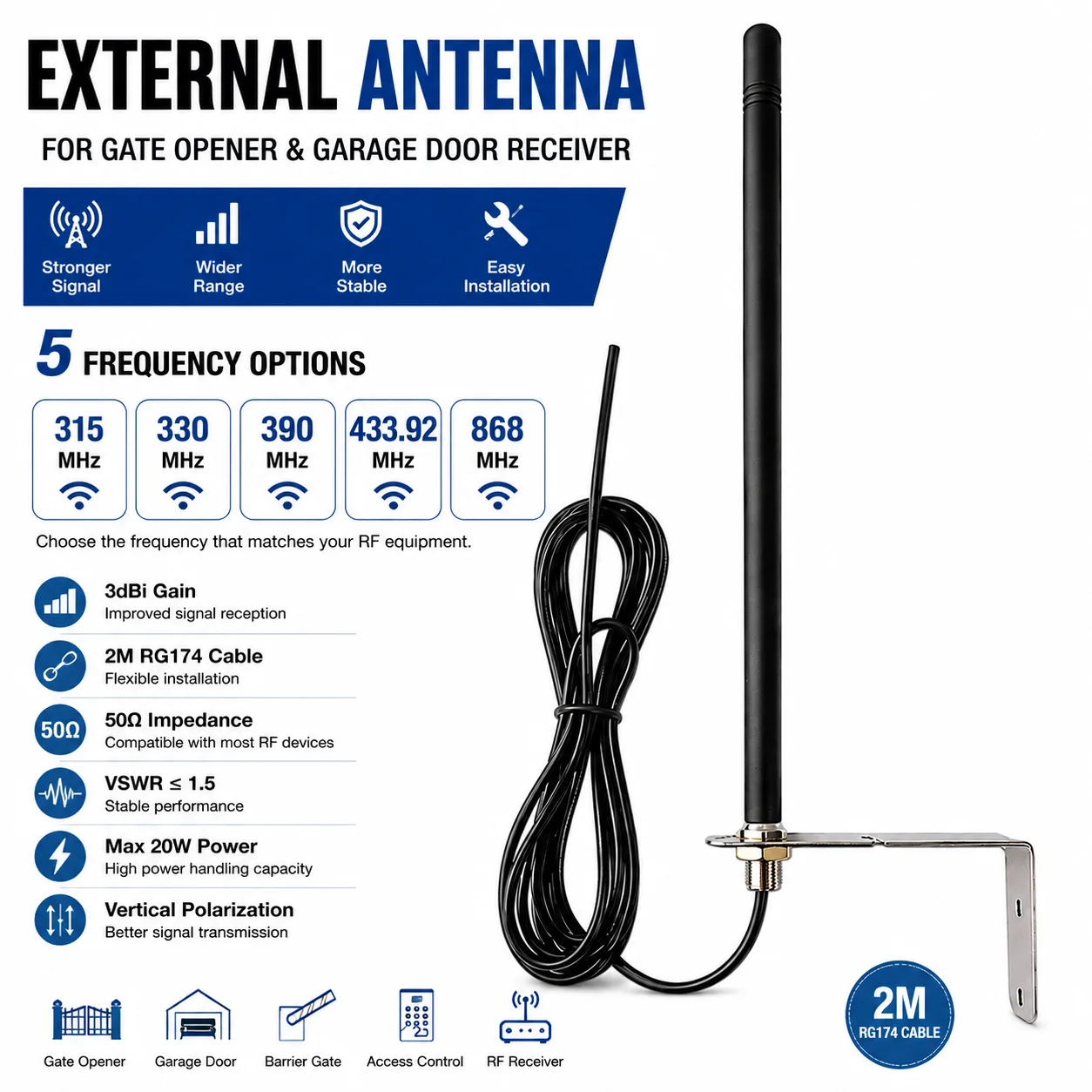 Universal 433MHz 2M cable Antenna for gate garage Radio Signal Booster Repeater Outdoor Waterproof 433.92MHz Gate Control Antenn