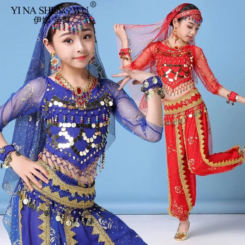 Children Belly Dance Indian Costume Set Sari Girls Dance Performance Chiffon Bollywood Outfit Children Indian Dance Costumes Set