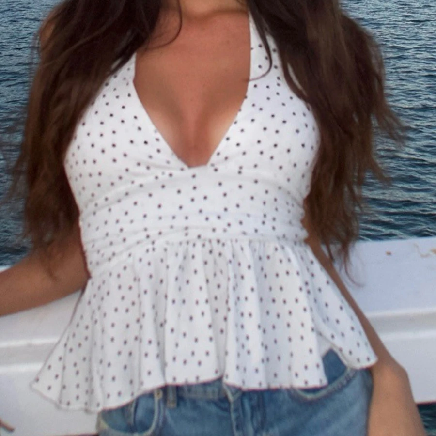 Womens Summer Halter Tops Stylish White Halter Neck Peplum Top Polka Dots Sleeveless Backless Vest Slim Fit Crop