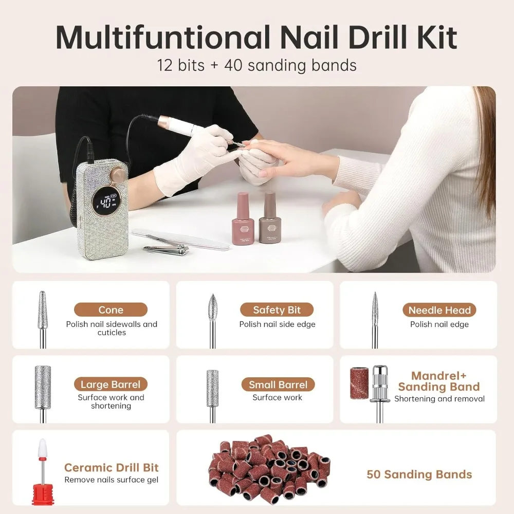 Elektrische Nagelfräse, 40000 U/min, kabellos, wiederaufladbar, mit 12 Aufsätzen für Acrylnägel, Gel-Polieren, Maniküre-Set für Salon und Zuhause