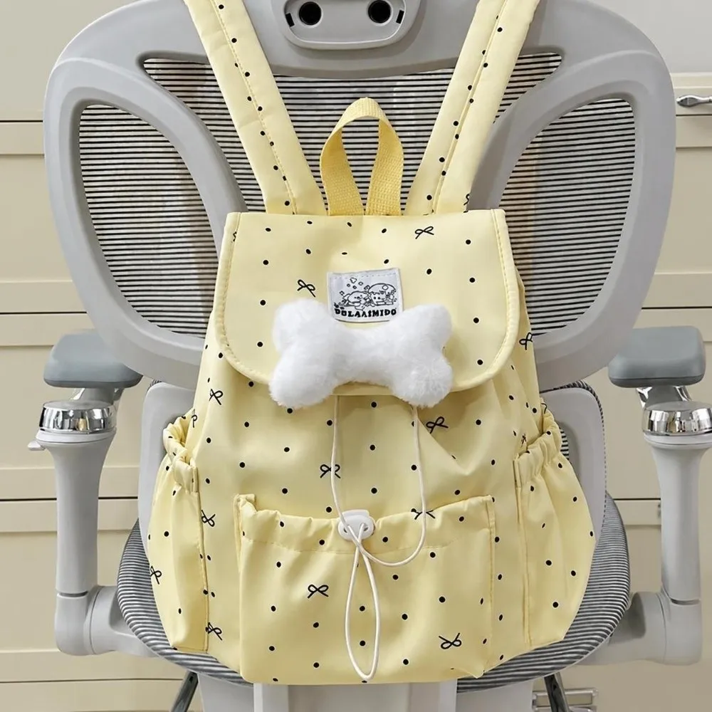 Sweet Drawstring Polka Dot Backpack Bowknot Large Capacity Double Shoulder Bag Nylon Ultra Light Commuting Backpack
