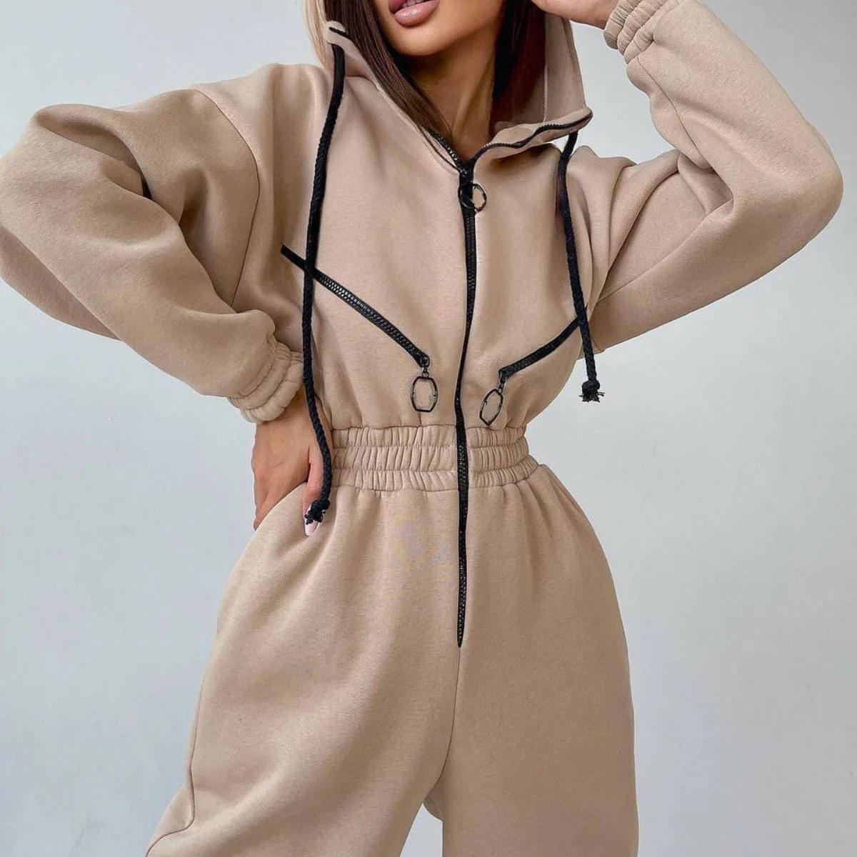 SUSOLA Fleece Hoodie Overalls Frauen Herbst Winter Casual Zipper Kordelzug Kapuze Overall Weibliche Einteilige Strampler Trainingsanzüge