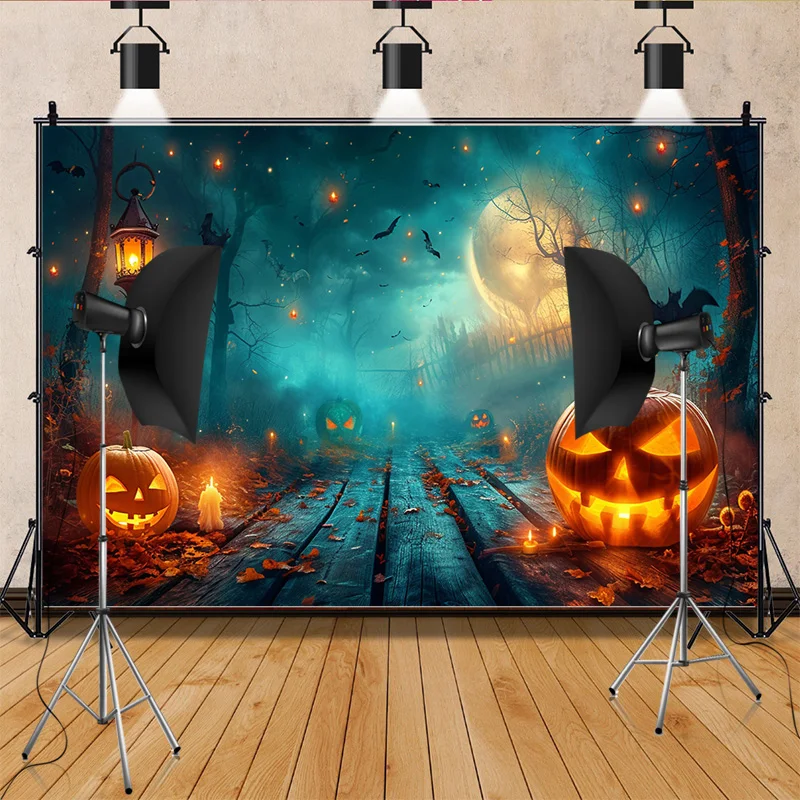 Halloween Backdrop Full Moon Scary House Night Castle Graveyard Forest Bats Pumpkin Lantern Spooky Photography Background  SJ-10