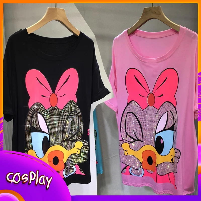 

Женская футболка Disney Daisy Duck, летняя милая рубашка с героями мультфильмов, свободный топ с короткими рукавами, повседневная модная уличная одежда, подарок для девочек