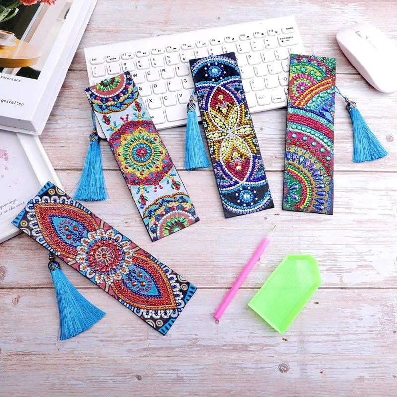 4Pcs 5D Diamond Bookmark DIY Painting Bookmark Leather Tassel Bookmark For DIY Making Arts Crafts Child Adults