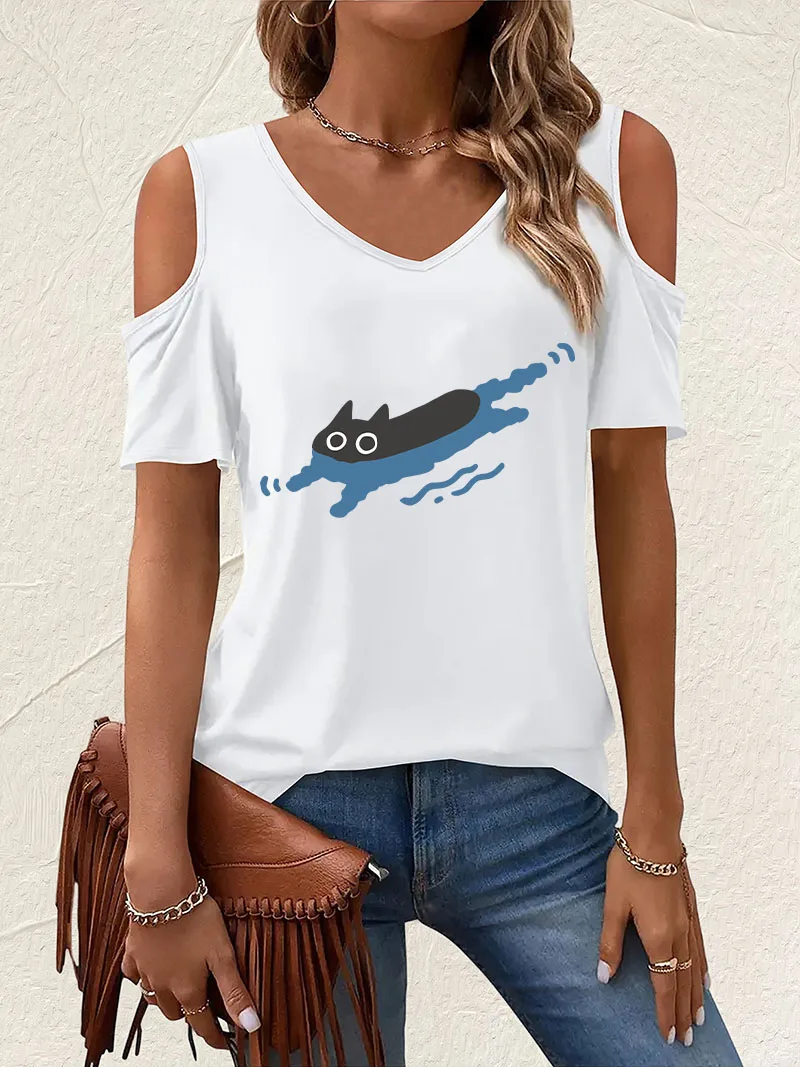 Funny Japanese Style Swimming Cat Print Off-Shoulder V-Neck T-shirt Short Sleeve Graphic V Neck T Shirt Casual Top Tee Summer