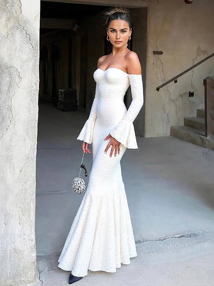 Sisterlinda ปลอมชีฟอง Maxi ชุดโรแมนติกภาษาฝรั่งเศสคําปิดไหล่ Ruffle แขนยาว SHEER Bodycon หญิง Elegant หวาน Vestidos