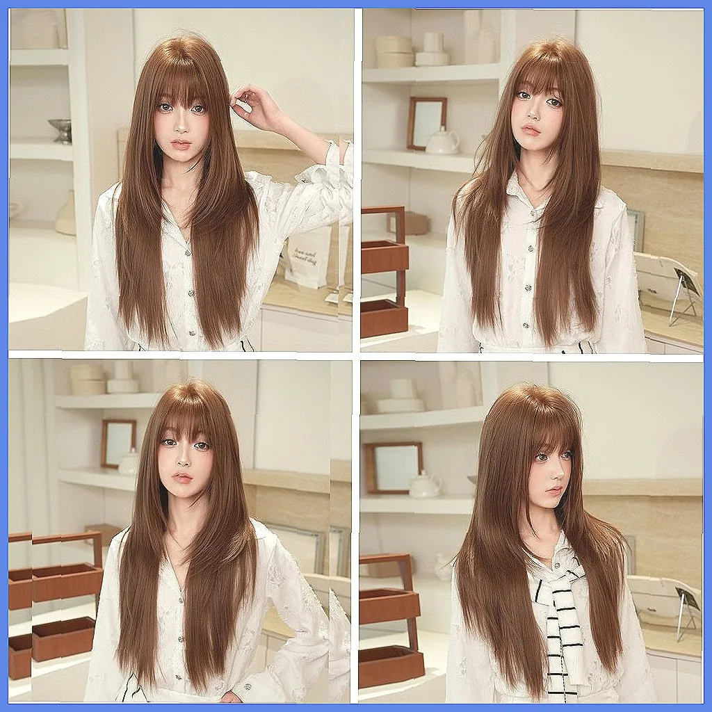 

Long Straight Wig with Bangs, Layered Synthetic Heat Resistant Fiber Full Wig for Women, Tea Brown Color