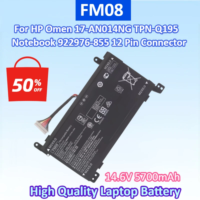 New FM08 14.6V 5700mAh 12 Pin Connector Laptop Battery Replacement for H-P Omen 17-AN014NG TPN-Q195 Series Notebook 922976-855