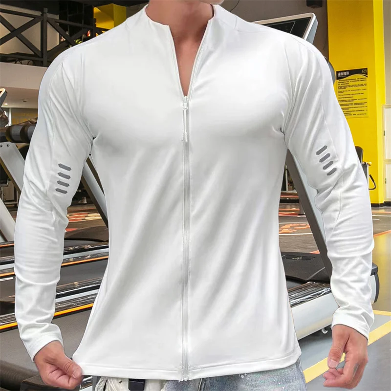 2024 Muscle Fitness Sleeve Men\'s Fashion Basketball Casual Training Clothes  Loose Half Sleeve Sports Zipper Long Sleeve T-shirt