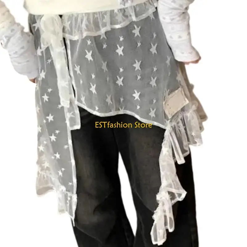 

Y5GC Tie Waist Irregular Split Skirt with Star Gauze Design Ruffle Shirt Extender