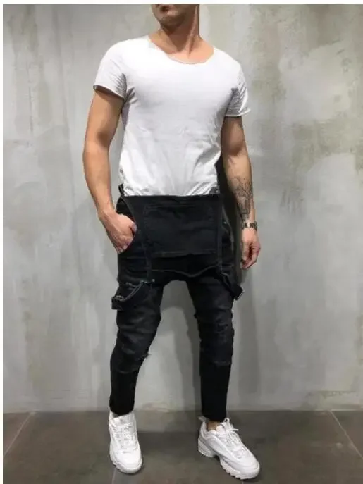Men Jeans Denim One Piece Overalls Pencil Pants Pockets Ankle Length Mid Waist Slim High Street Slim Washing Holes Casual
