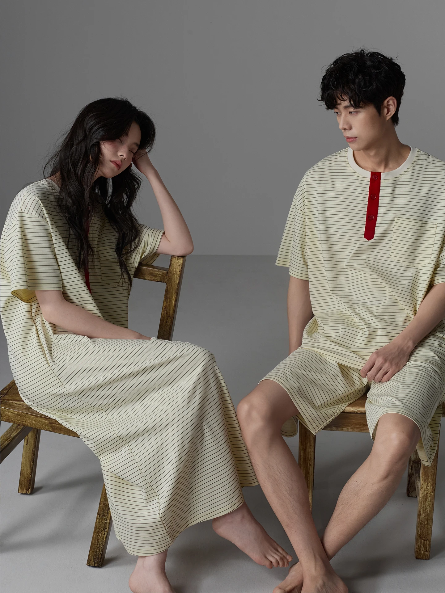 couple's-summer-sleepwear-thin-modal-cotton-short-sleeve-nightgown-home-clothes-striped-men's-set-breathable-comfortable-home