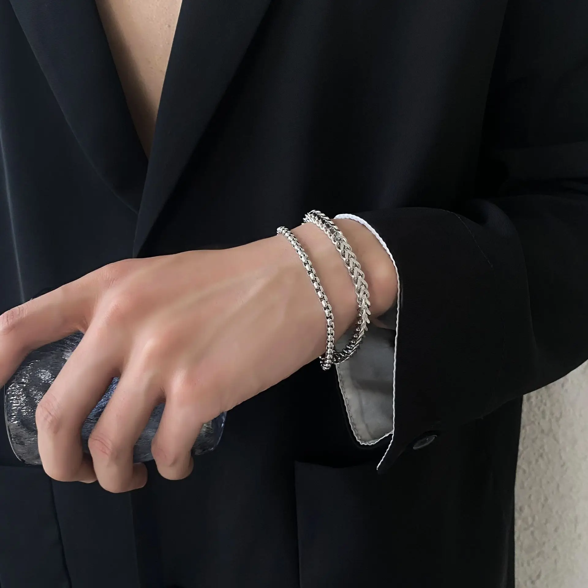 New Hip Hop 316L Stainless Steel Double Keel Chain Bracelet for Men Women Punk Solid Metal Kpop Charms Gift
