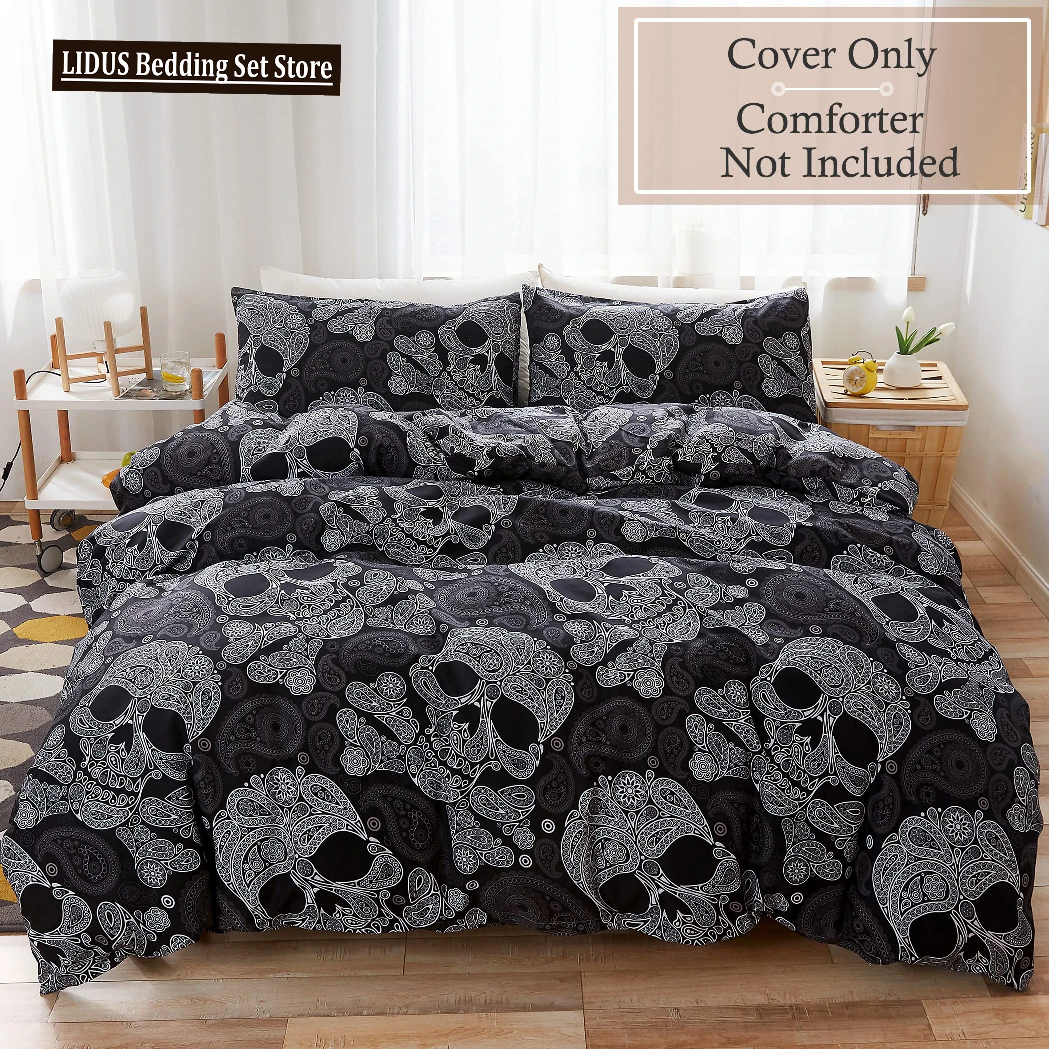 Duvet Cover Set Black Skull Skeleton/Paisley Floral Gothic Luxury Soft Bedding Set Comforter Cover Halloween Decor,Queen Size