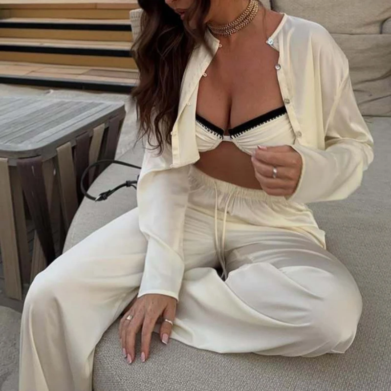 

Women's Tops Pants Sets Solid Color Lace-Up Trousers Single-Breasted O-Neck Tops Casual Versatile Sexy Comfortable Fashion Sets