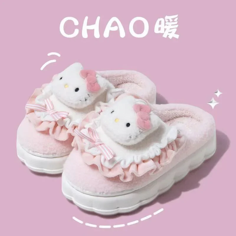 Sanrio Cartoon Hello Kitty Slippers My Melody Kuromi Cinnamoroll Cotton Shoes Women Winter Warm Thickened Cotton Kawaii Shoes