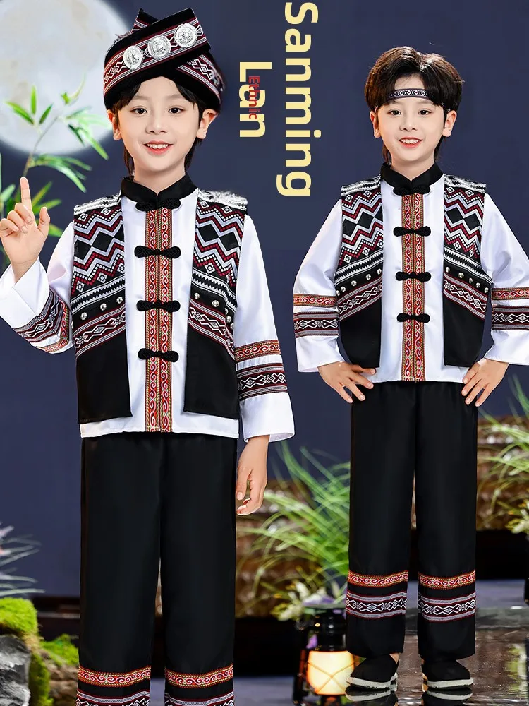 

Новый детский сценический костюм для мальчиков в этническом стиле Чжуан 2026 года, традиционный наряд для выступлений, полиэстер