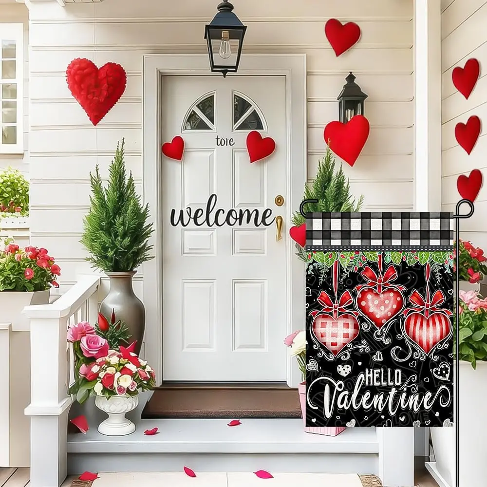 Cute Buffalo Plaid Valentines Day Flag Garden 12x18 Inch Double Sided, Red Heart Hello Valentine Yard Small Flags Sign with  uui