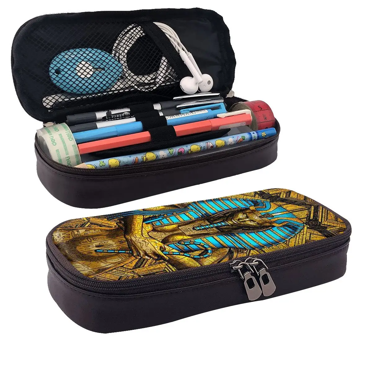 Egyptian Pharaoh With Golden Crown Illustration Leather Pencil Cases Pen Holder Storage Pen Box Pencil Bag for Boy Girl Gifts